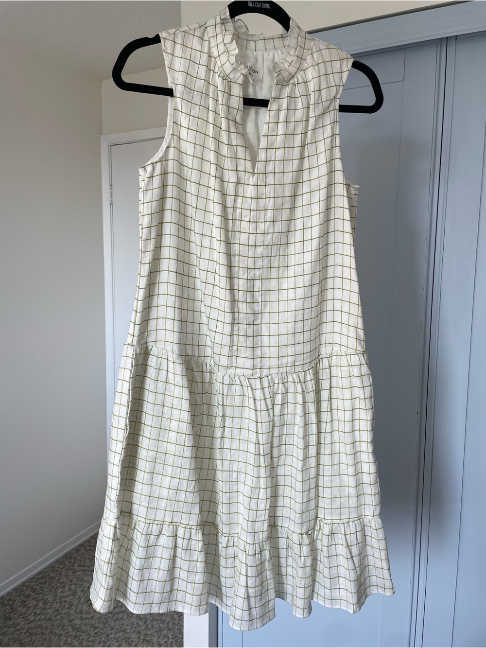 100% Linen Sleeveless White Midi Dress with Green Windowpane Check